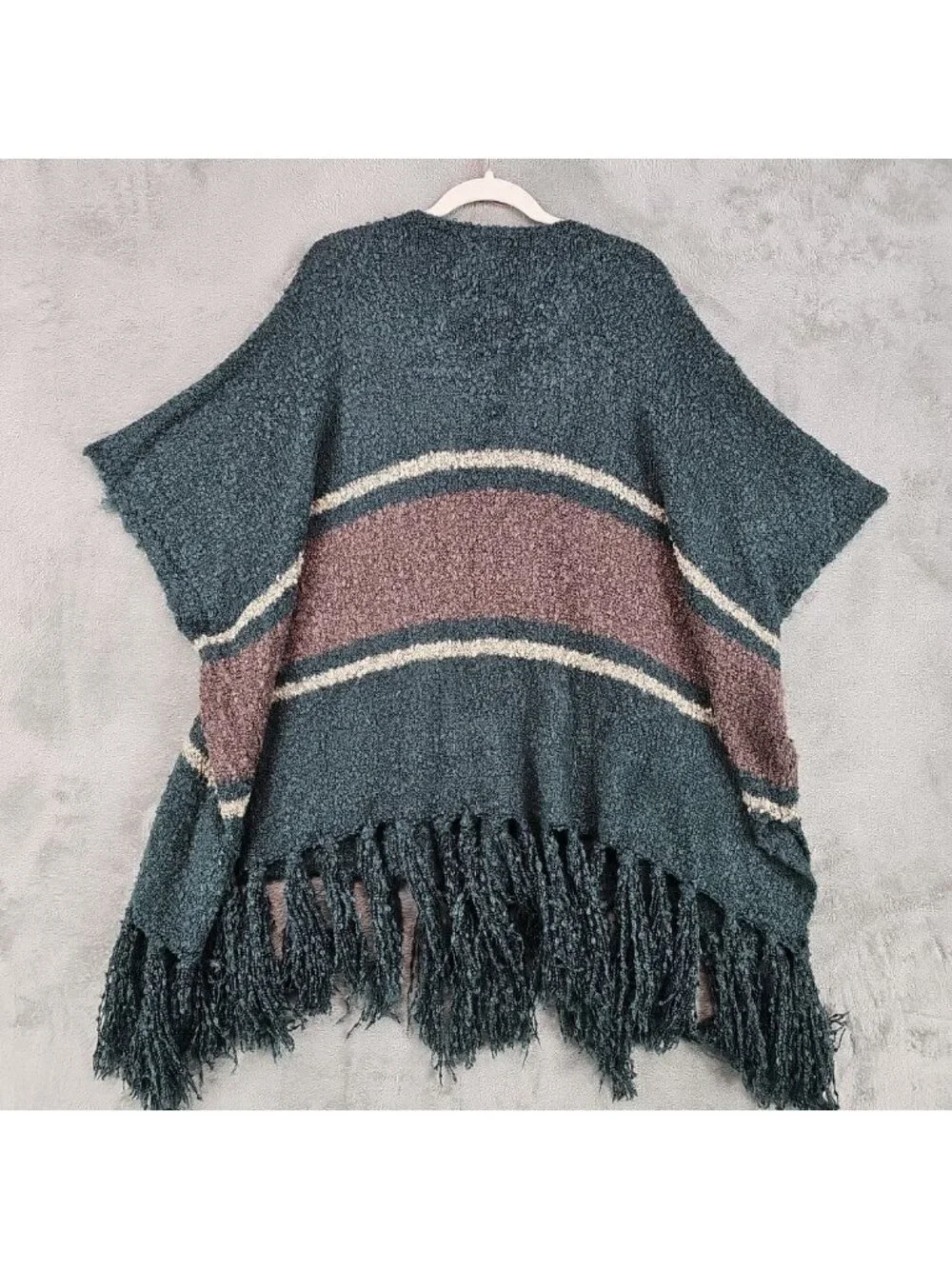 Free People Sweater Cape Womens One Size Blue Stripe Fringe Boho Knit Poncho